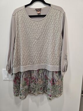 Multiples Taupe Knit Tunic with Embroidered Floral Hem